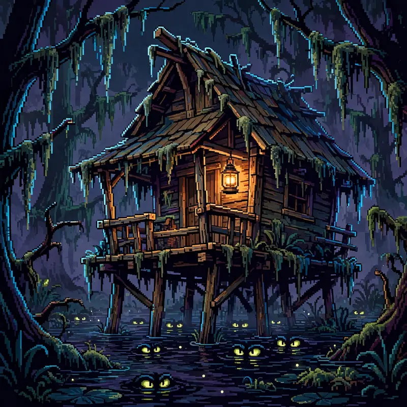a crooked hut on stilts in a misty swamp, hanging moss, glowing eyes in the dark water, a lantern on the porch. Rendered as 16-bit pixel art with