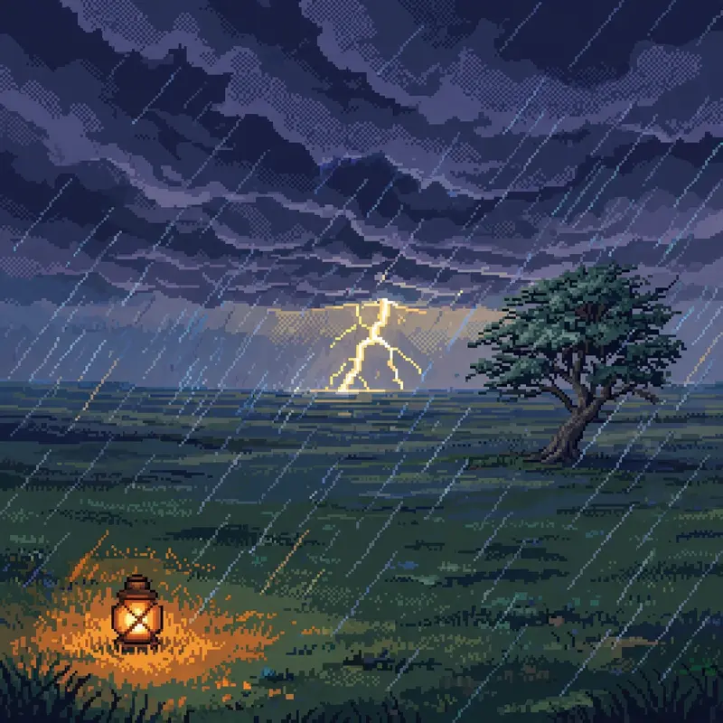 vast plains under a dramatic thunderstorm, lightning striking the horizon, a lone tree, rain sweeping across the grass. Rendered as 16-bit pixel art