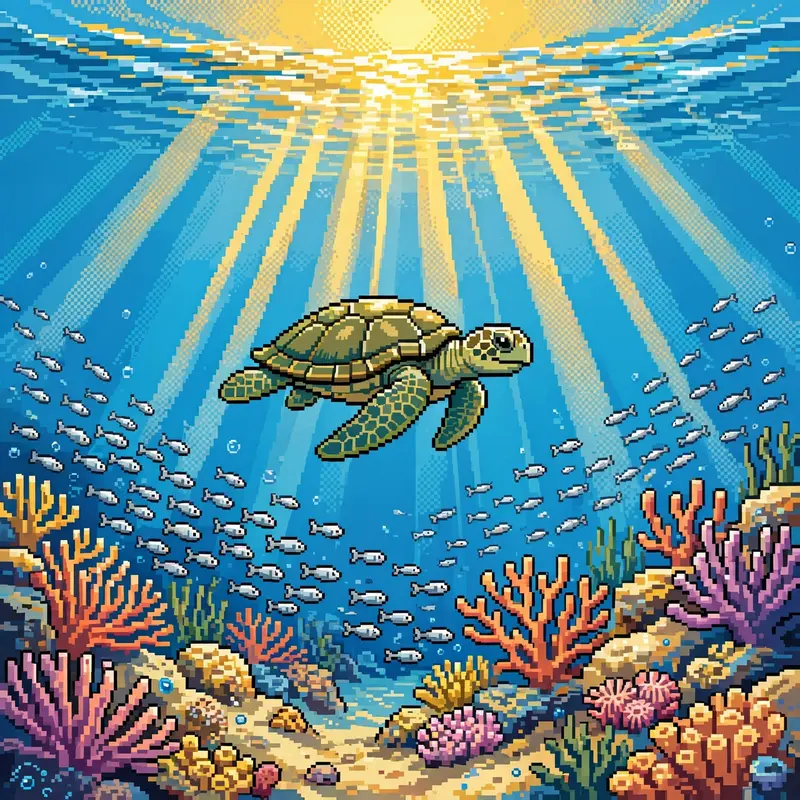 a sea turtle gliding over a coral reef at golden hour underwater, sun rays through the water, a school of silver fish parting. Rendered as 16-bit