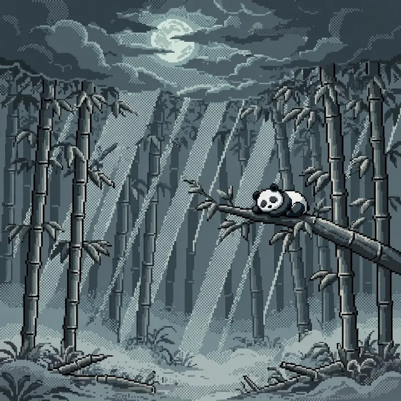 a bamboo forest under a full moon, moonlight striping the stalks, a panda sleeping on a branch, mist at the ground. Rendered as 16-bit pixel art with