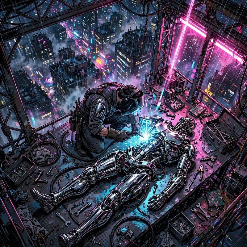 Moody neon-drenched comic art style scene: a mechanic welding a chrome exoskeleton, the city humming behind them. Harsh magenta and cyan key lights