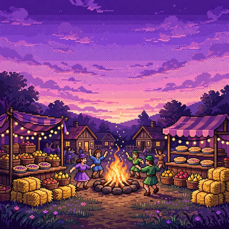 a village harvest festival with hay bales and string lights, a bonfire, dancers, stalls of apples and pies. Rendered as 16-bit pixel art with chunky