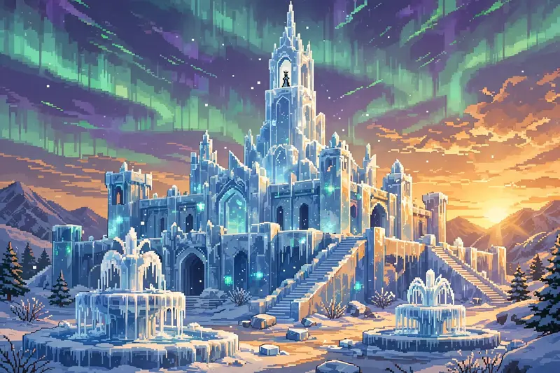 a palace carved entirely from ice, refracting aurora light, frozen fountains, a queens silhouette in the tallest tower. Rendered as 16-bit pixel art