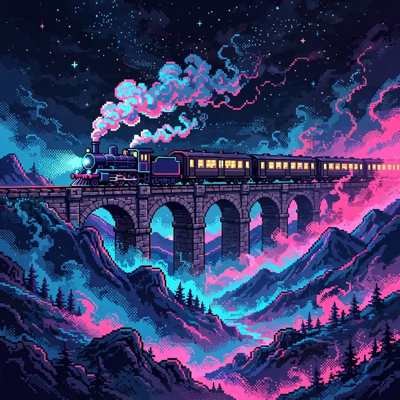 a train crossing a viaduct under a starry sky, lit windows, steam from the engine, mountains below. Rendered as 16-bit pixel art with chunky pixels
