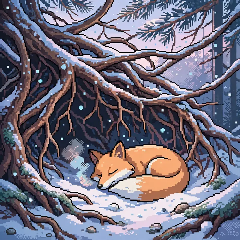 a fox curled in a snow den under pine roots, breath visible in the cold air, snowflakes falling, moonlight through branches. Rendered as 16-bit pixel