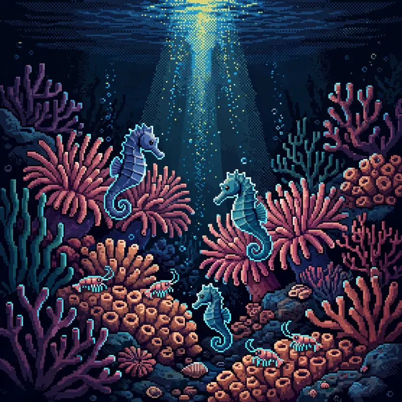 a coral garden where seahorses drift among anemones, a divers light beam from above, tiny shrimp on the coral. Rendered as 16-bit pixel art with