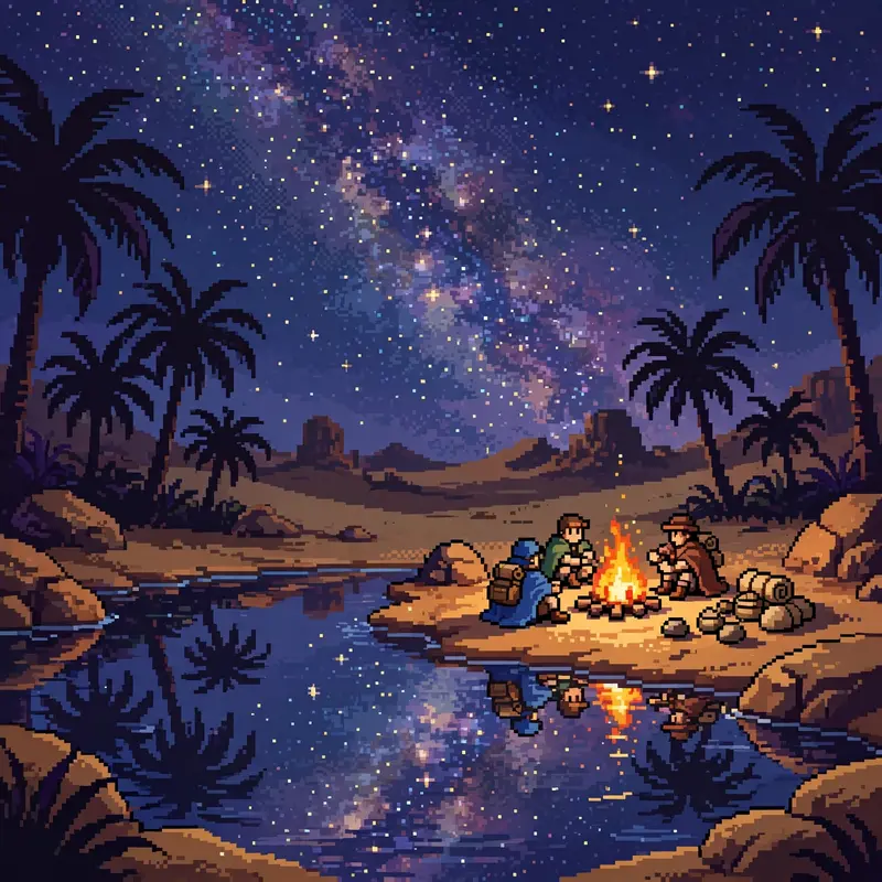 an oasis pool under a starry desert sky, palm silhouettes, a campfire with travelers, reflections of the Milky Way in the water. Rendered as 16-bit