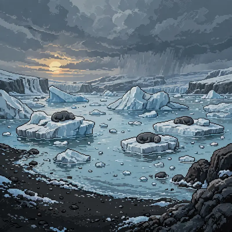 icebergs floating in a milky-blue glacier lagoon, seals resting on the ice, black sand beach, low arctic sun. Rendered as 16-bit pixel art with