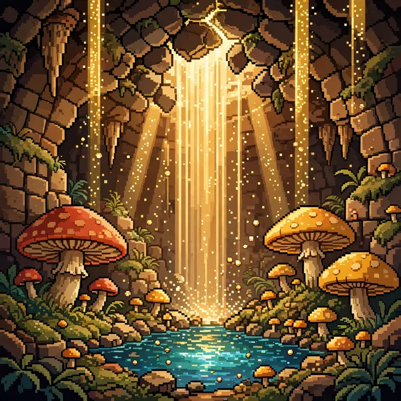 a hidden grotto where giant mushrooms grow around a glowing pool, a waterfall of light from a crack above, spores drifting. Rendered as 16-bit pixel