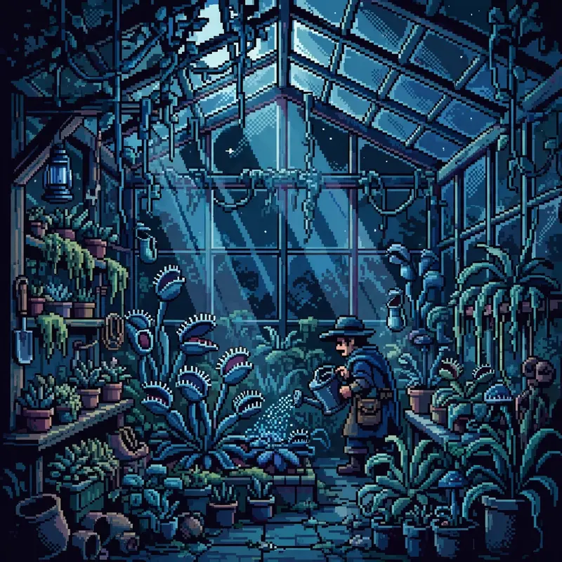 a glass greenhouse packed with exotic pixel plants, hanging vines, a gardener watering carnivorous flowers, sunbeams through glass. Rendered as