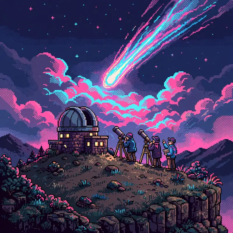a hilltop observatory watching a bright comet streak across the sky, astronomers with telescopes, the comets tail lighting the clouds. Rendered as