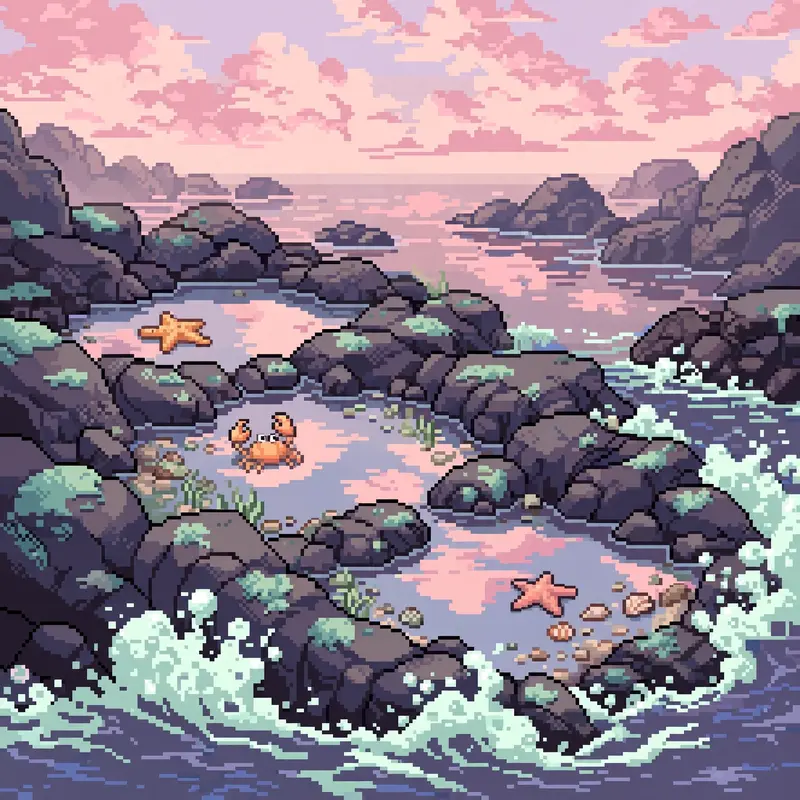 tide pools at sunset reflecting pink clouds, starfish and crabs in the pools, waves foaming on dark rocks. Rendered as 16-bit pixel art with chunky