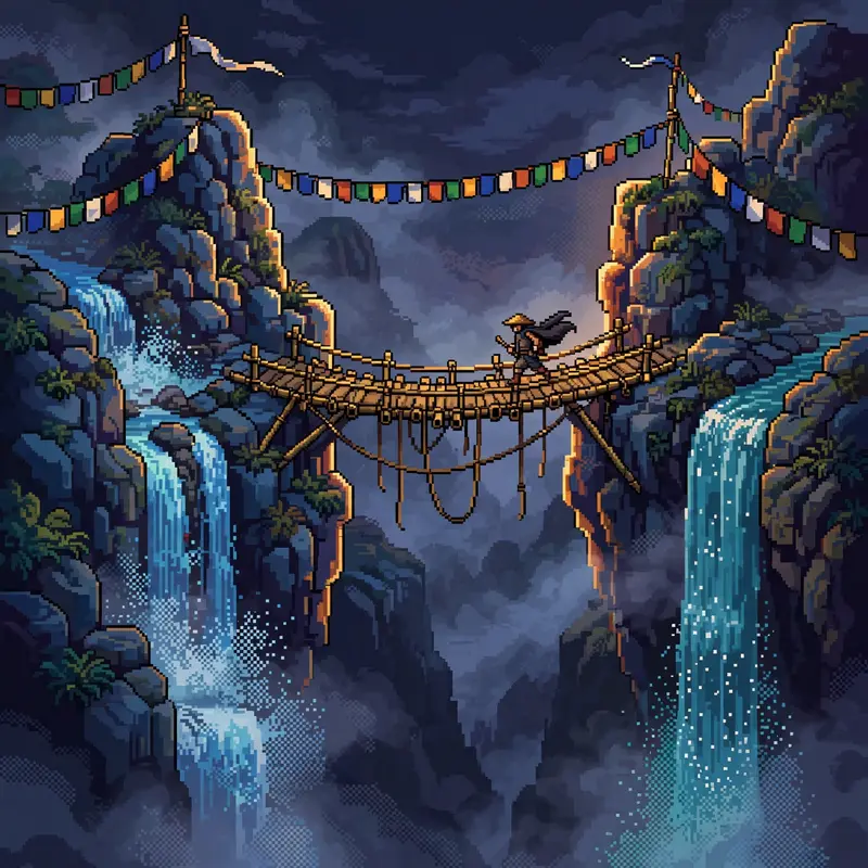a swaying bamboo bridge over a misty gorge, waterfalls on both sides, prayer flags fluttering, a traveler mid-crossing. Rendered as 16-bit pixel art