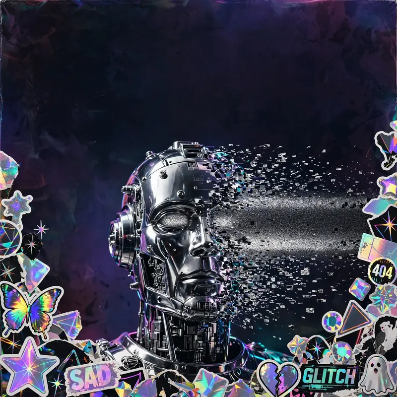 Square 1:1 album cover artwork: a chrome robot head dissolving into TV static, holographic stickers, blown-out flash photography, pure hyperpop