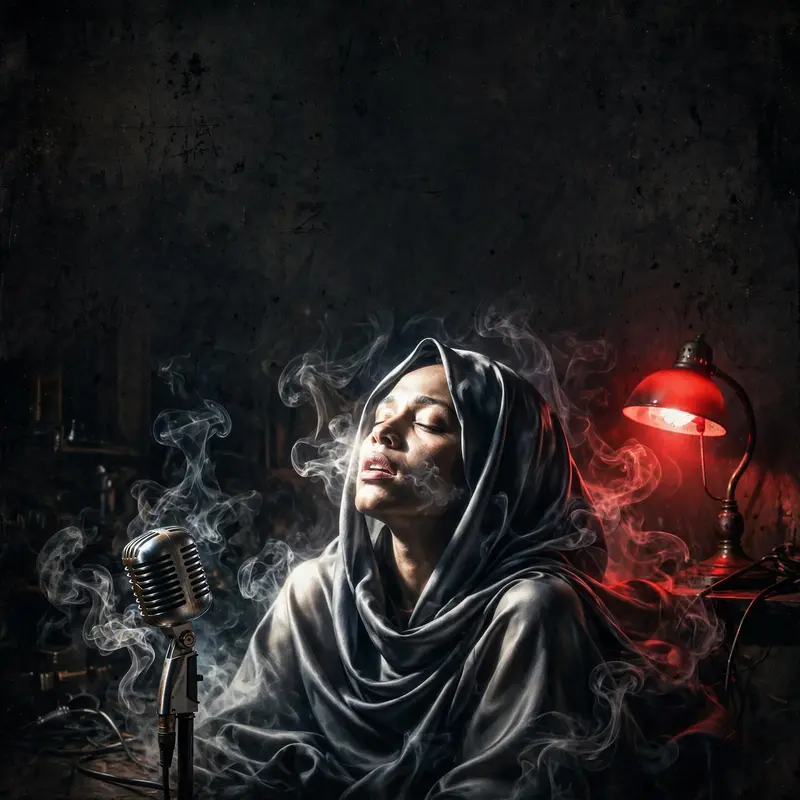 Square 1:1 album cover artwork: a silk-draped figure in a dark room lit by a single red lamp, smoke curling, vintage microphone, pure alt-R&B energy