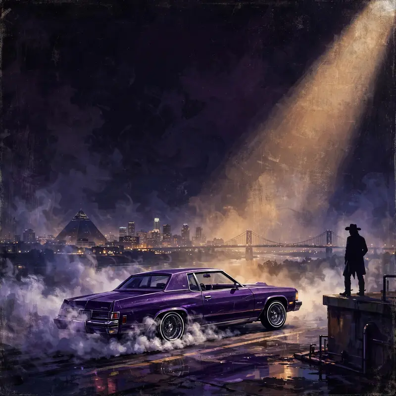 Square 1:1 album cover artwork: a purple lowrider drifting at night, cowboy silhouette in the haze, Memphis skyline, pure phonk energy. Painterly