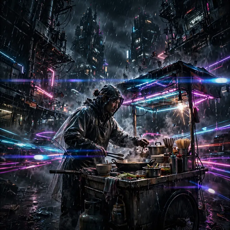 High-octane dark tech-noir illustration artwork of a noodle vendor under flickering neon signs, motion frozen amid the storm. Low-key chiaroscuro