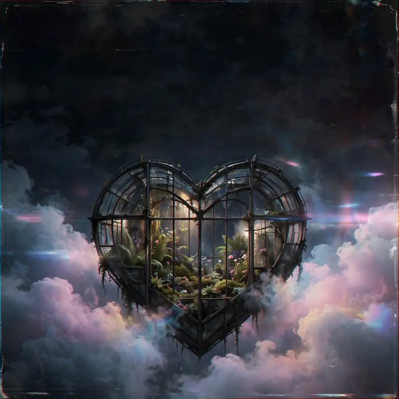 Square 1:1 album cover artwork: a heart-shaped greenhouse floating in pastel clouds, soft lens flares, pure dream pop energy. VHS-degraded texture