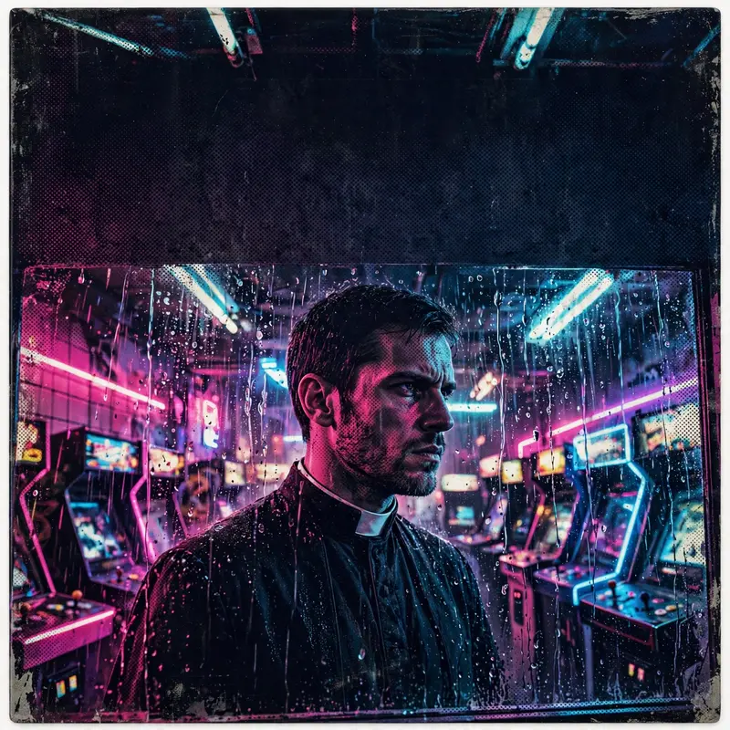 Square 1:1 album cover artwork: a priest-like figure in a neon-lit arcade, rain on glass, magenta and cyan glow, pure synthpop energy