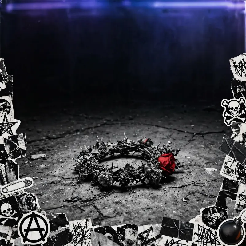 Square 1:1 album cover artwork: a wilted flower crown on cracked concrete, harsh flash, black and white with one red accent, pure post-punk energy