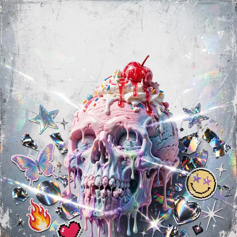 Square 1:1 album cover artwork: a melting ice cream sundae shaped like a skull, Y2K stickers, screen glare, pure digicore energy. Dreamy airbrushed