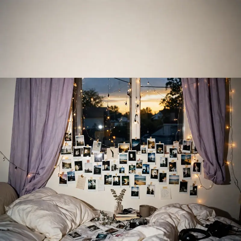 Square 1:1 album cover artwork: a bedroom window at dusk, lavender curtains, fairy lights, a Polaroid wall, pure bedroom pop energy. Raw flash-photo