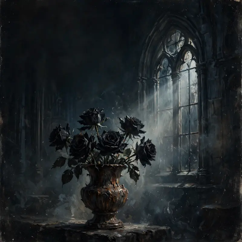 Square 1:1 album cover artwork: black roses in a rusted iron vase, cathedral window light, deep shadows, pure darkwave energy. Painterly digital