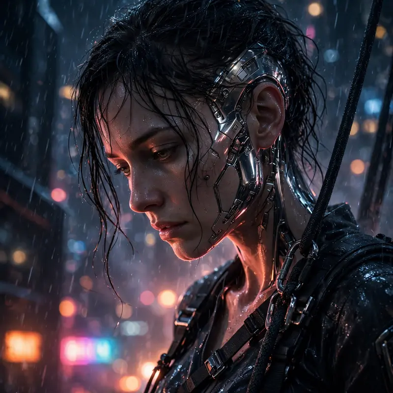 sci-fi render portrait of a corporate spy rappelling down a megatower, half-lit by the city's glow. Dramatic underlighting from street signs sculpt