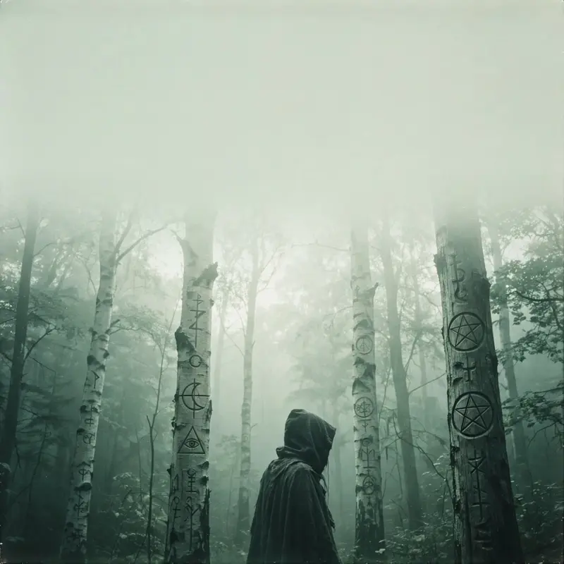 Square 1:1 album cover artwork: a hooded figure in a foggy forest, occult symbols carved in trees, desaturated green tint, pure witch house energy
