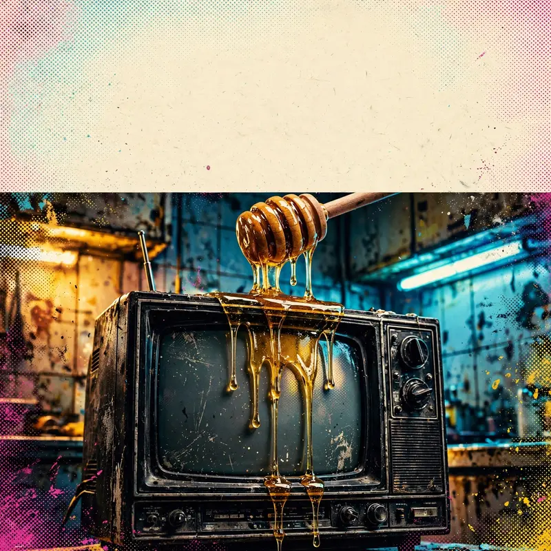 Square 1:1 album cover artwork: a honey dipper dripping over a vintage TV, warm kitchen light, macro detail, pure alt-pop energy. Hyper-saturated