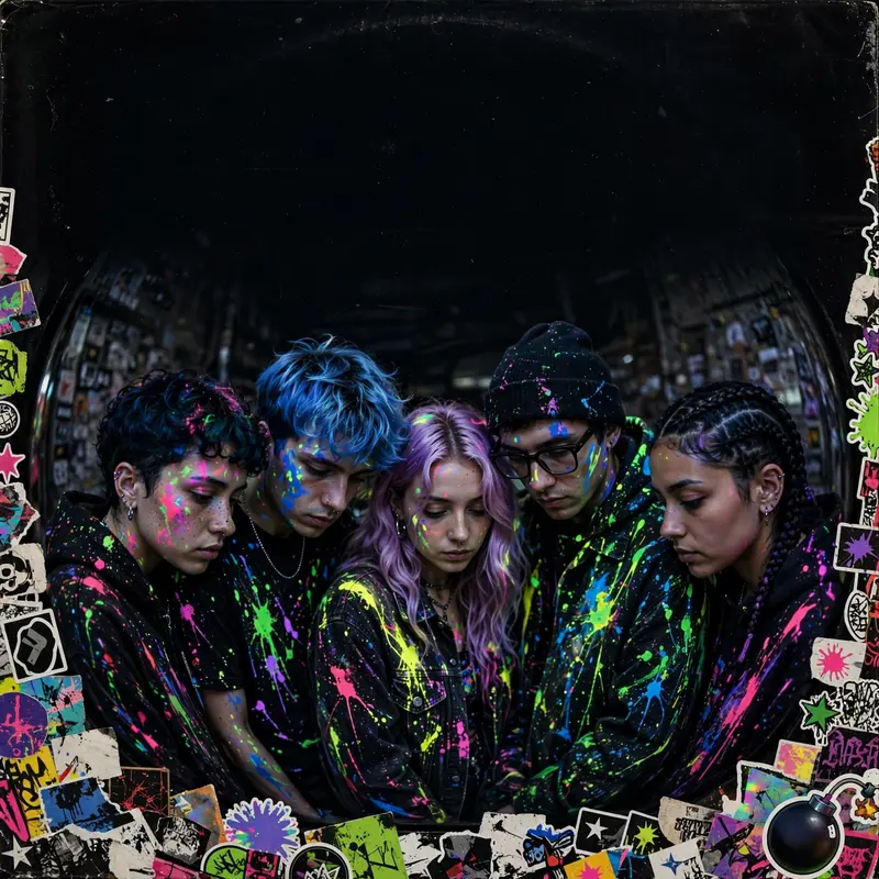 Square 1:1 album cover artwork: a group of friends under blacklight, glowing paint, fisheye distortion, pure hyperpop energy. Gritty film-photography
