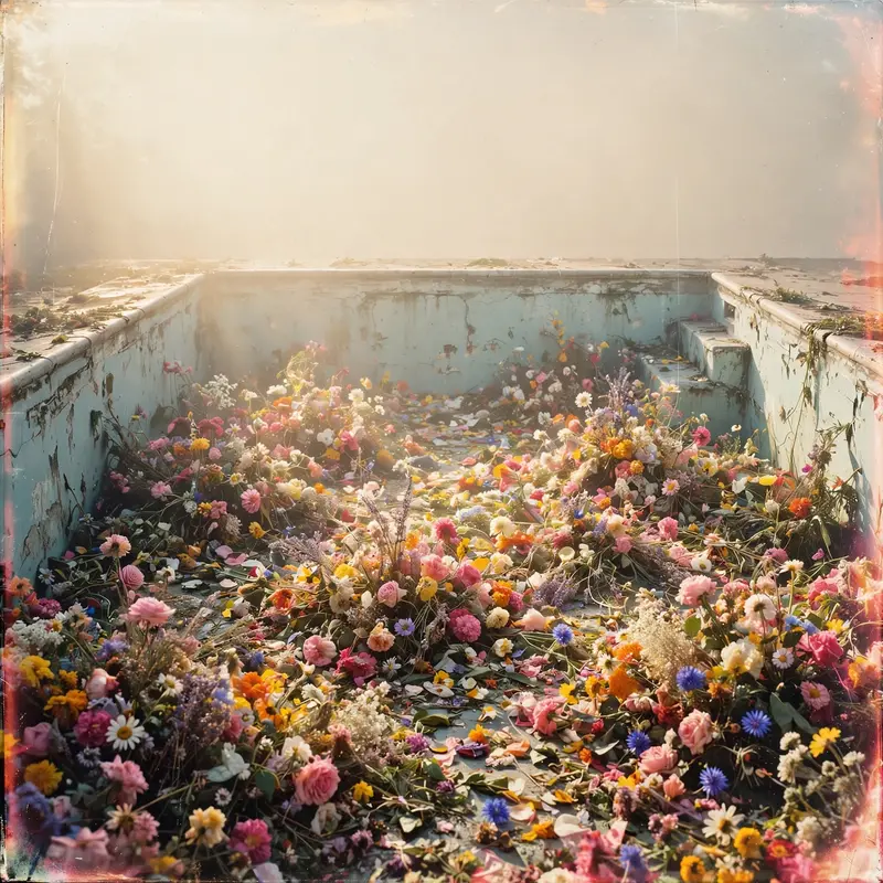 Square 1:1 album cover artwork: an empty swimming pool filled with flowers, hazy afternoon sun, expired film tones, pure shoegaze energy. Dreamy