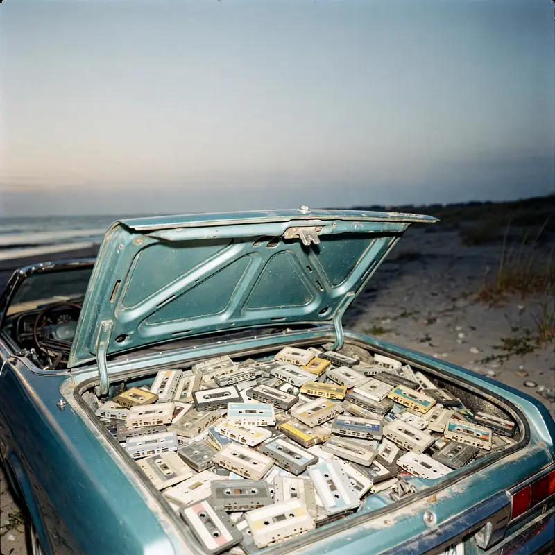 Square 1:1 album cover artwork: a convertible trunk full of cassette tapes at the beach, sun-bleached colors, pure lo-fi energy. Raw flash-photo