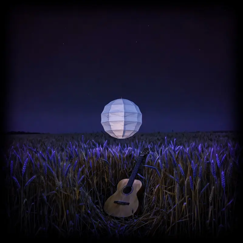 Square 1:1 album cover artwork: a paper moon hanging over a wheat field, a lone acoustic guitar, twilight blues, pure indie folk energy