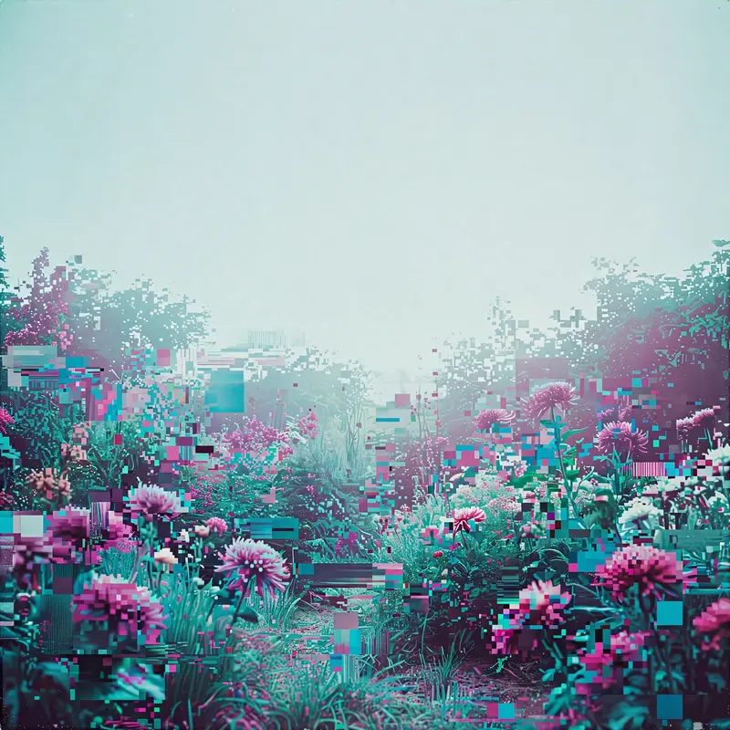 Square 1:1 album cover artwork: a garden where the flowers are pixelated and glitching, harsh digital artifacts, pure breakcore energy. Soft analog