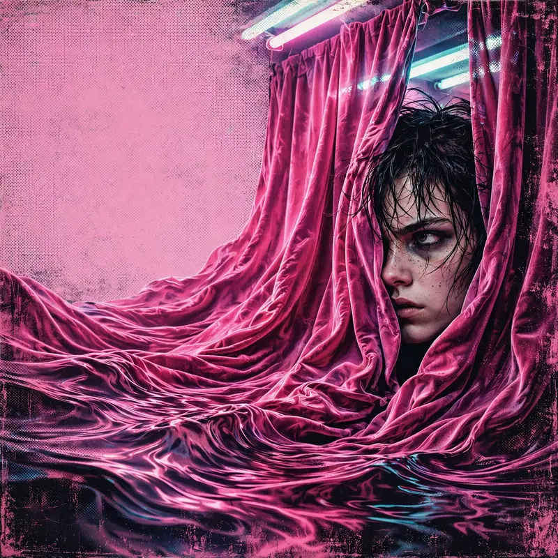 Square 1:1 album cover artwork: a velvet curtain rippling like water, a face half-hidden, soft pink light, pure dream pop energy. Hyper-saturated