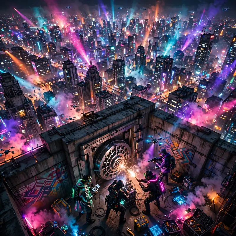 Sweeping gritty neo-noir cyberpunk style vista featuring a hacker crew breaching a vault door against the endless megacity. Strobing club-light
