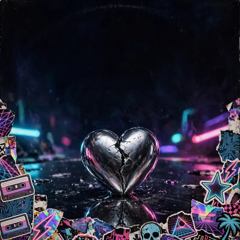 Square 1:1 album cover artwork: a chrome heart cracked down the middle on a mirror, neon reflections, pure synthpop energy. Gritty film-photography