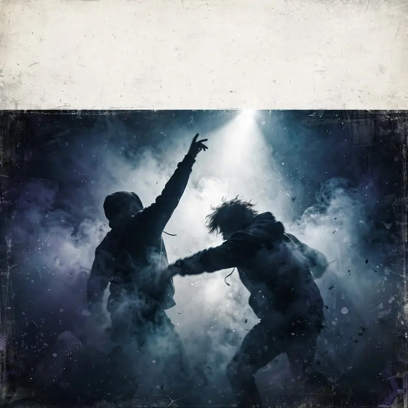 Square 1:1 album cover artwork: two silhouettes in thick stage fog, one spotlight, grainy concert photo, pure emo rap energy. Dreamy airbrushed