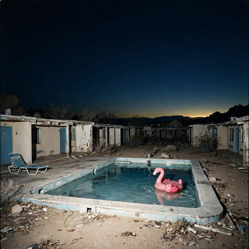 Square 1:1 album cover artwork: a faded motel pool in the desert, one inflatable flamingo, harsh noon sun, pure indie energy. Raw flash-photo look