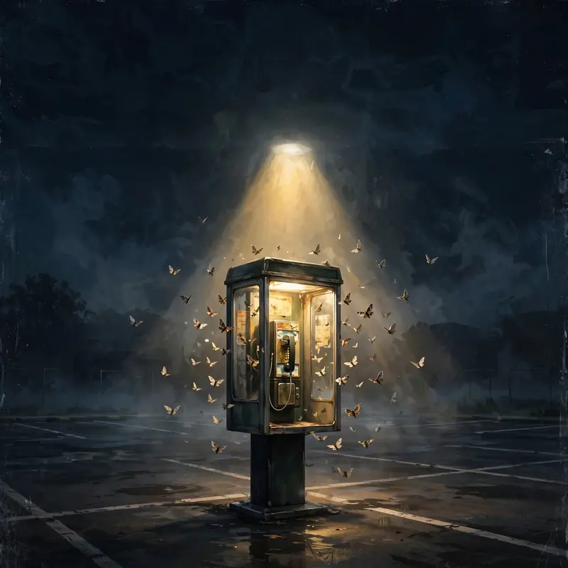 Square 1:1 album cover artwork: a payphone glowing in an empty parking lot at night, moths around the light, pure darkwave energy. Painterly digital