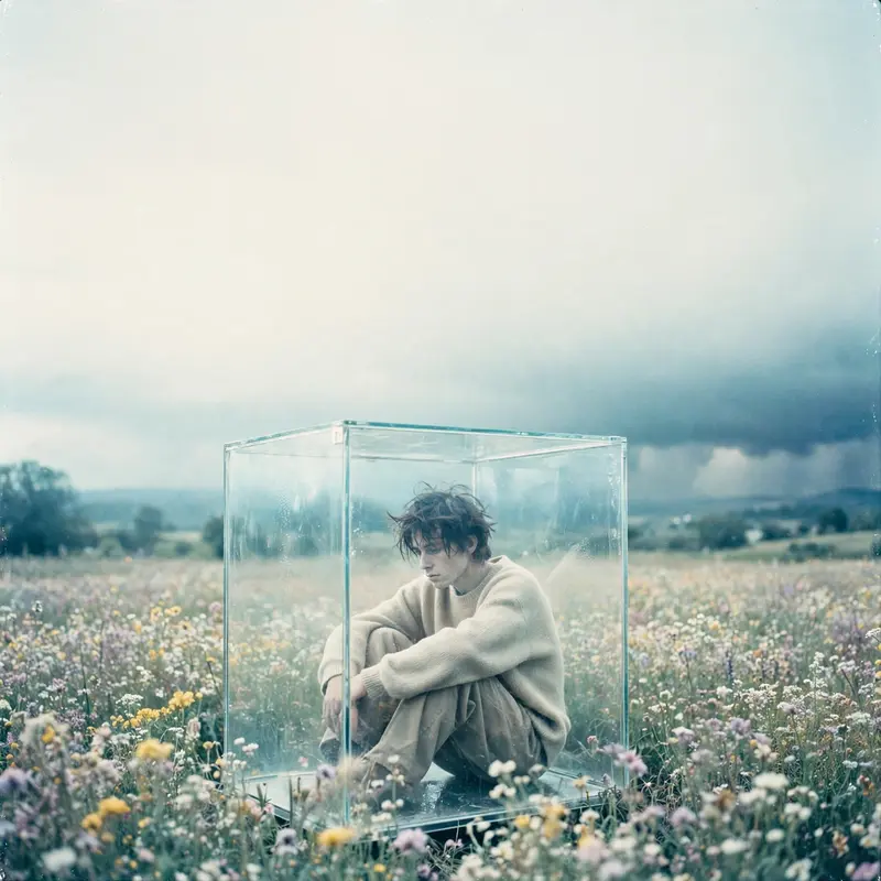Square 1:1 album cover artwork: a figure trapped in a glass box in a flower field, storm clouds gathering, pure alt-pop energy. Soft analog grain, in
