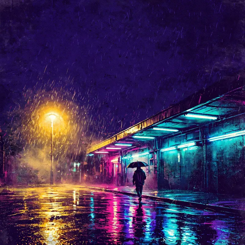 Square 1:1 album cover artwork: a streetlight halo in the rain, a lone figure with an umbrella, wet asphalt reflections, pure alt-R&B energy