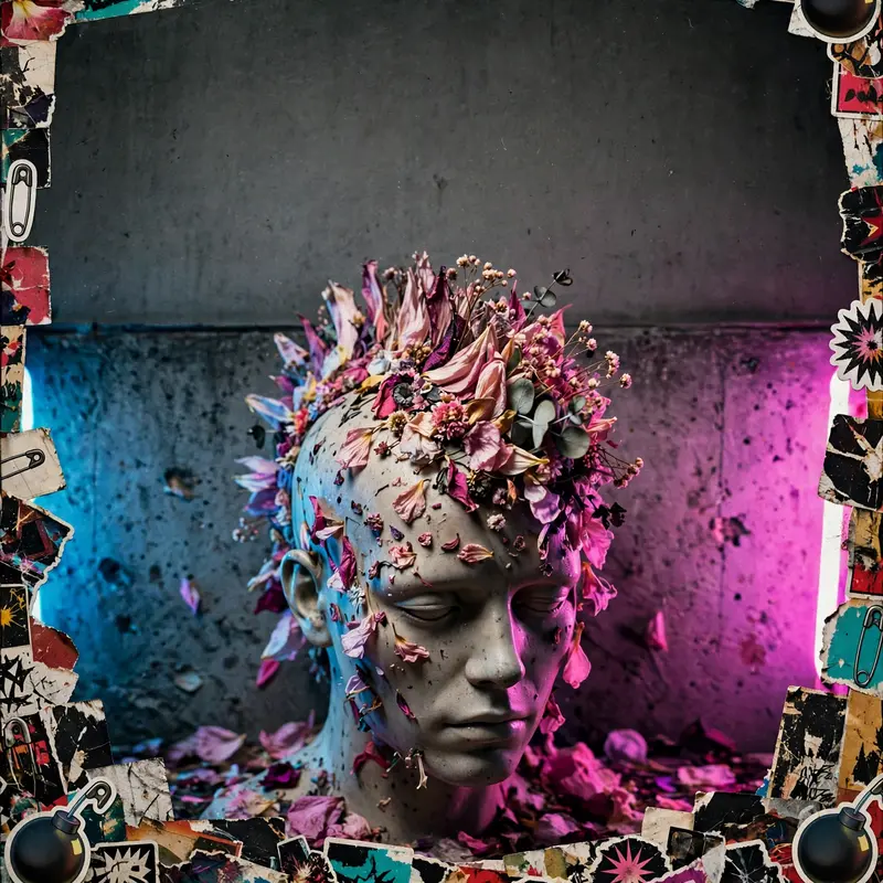 Square 1:1 album cover artwork: a mohawked mannequin head covered in petals, concrete wall, flash photography, pure post-punk energy. Gritty