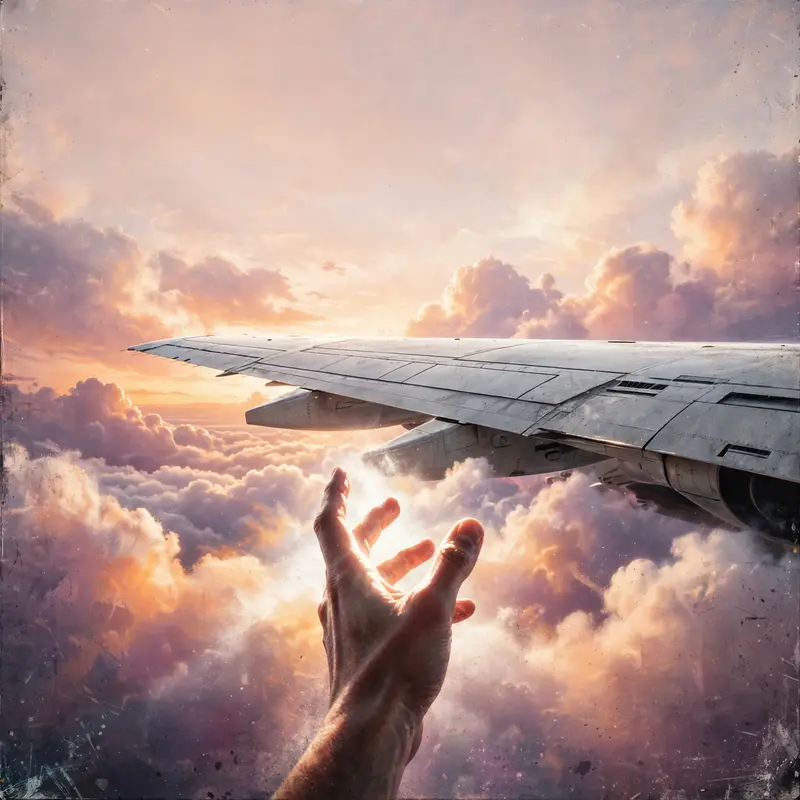 Square 1:1 album cover artwork: a private jet wing above the clouds at sunset, a hand reaching for the sky, pure cloud rap energy. Dreamy airbrushed