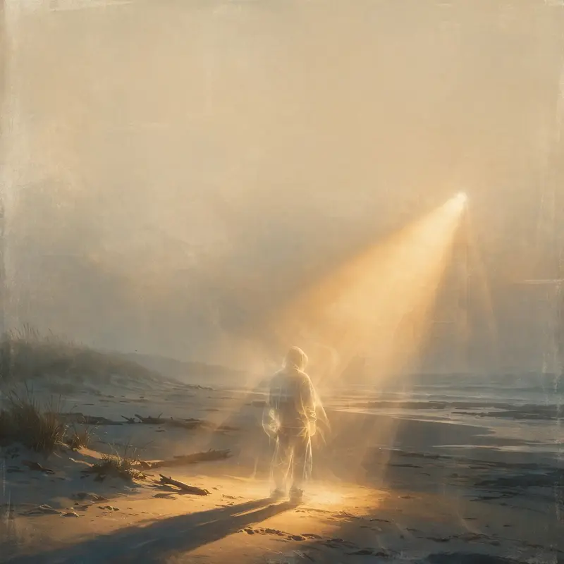 Square 1:1 album cover artwork: a translucent figure on a beach at golden hour, long shadows, film grain, pure indie energy. Painterly digital