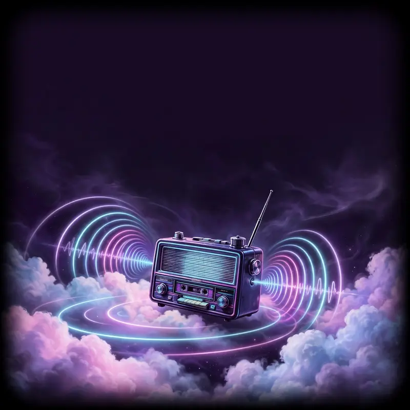 Square 1:1 album cover artwork: a retro radio floating in pastel clouds, sound waves visible, 80s airbrush style, pure synthpop energy. High-contrast
