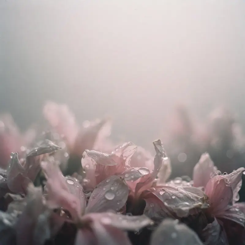 Square 1:1 album cover artwork: a close-up of rain-soaked petals, shallow depth of field, muted grays and pinks, pure shoegaze energy. Soft analog