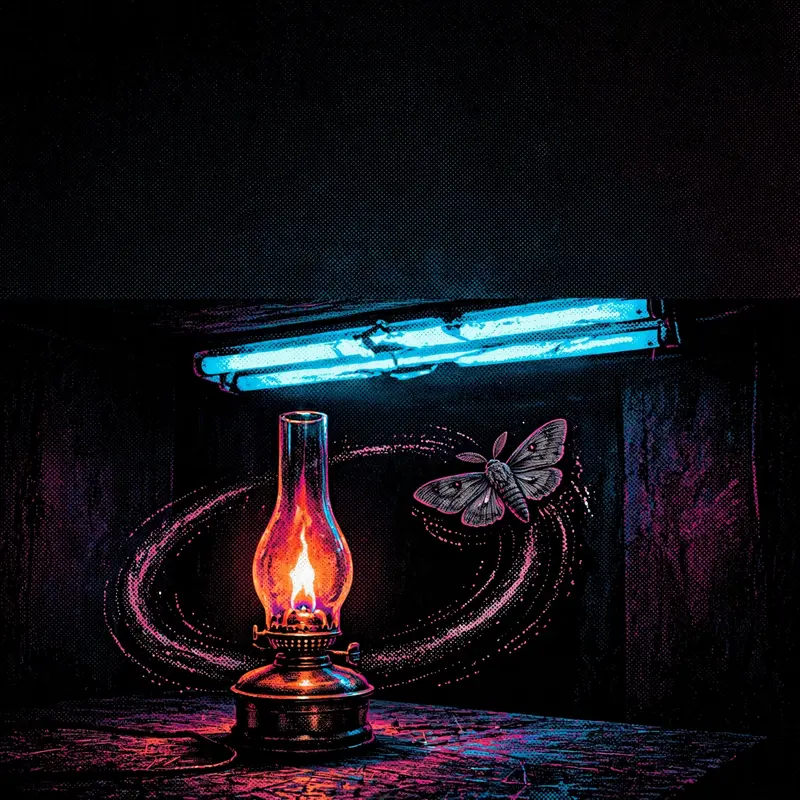 Square 1:1 album cover artwork: an oil lamp burning in a pitch-black room, a moth circling, deep shadows, pure darkwave energy. Hyper-saturated