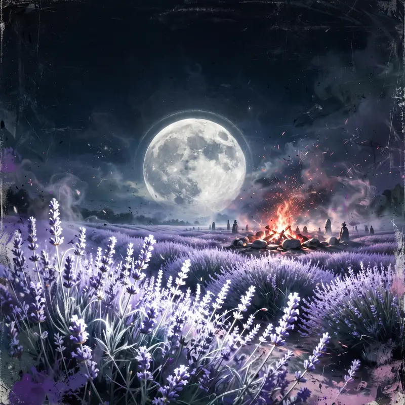 Square 1:1 album cover artwork: a lavender field at night under a huge moon, a distant ritual fire, pure witch house energy. Dreamy airbrushed